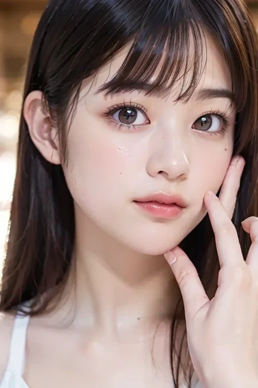 white lingerie,masterpiece, highest quality, 8K, 1 girl, correct human hand, correct human finger, japanese girl,put your hand on your face, close up of face, cute, girly, delicate girl, neat beauty,(cowboy shot:1.5), fine eyes, Capture the light in your eyes, sexy lips, smile, luminescent, look away, downward, Raw photo, anatomically correct, Bokeh,professional photography, portrait, soft light, professional lighting, Backlight, film grain, (Eye and face details:1.0), brown hair, bangs, Please look away, downward,none, small breasts,didn't look here, stare into the distance,head sticks out