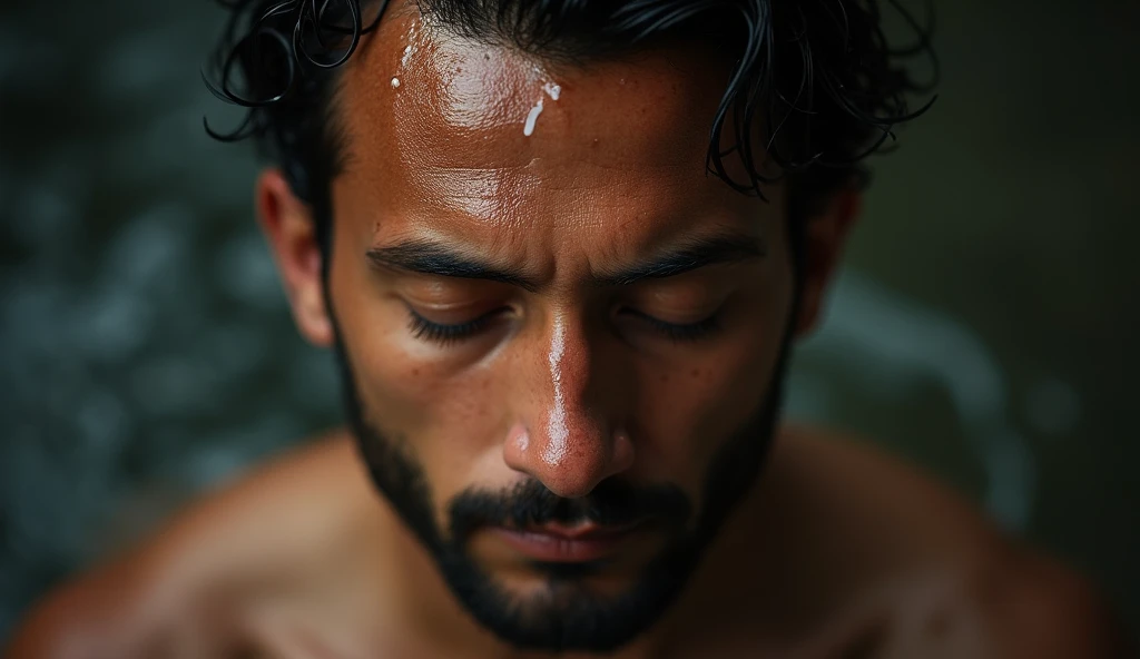 ((Highest quality、8k、masterpiece:1.3))、Japanese men(Upper body portrait、internal_sauna:1.6)、Handsome、暗いsauna室、42 years old、View your viewers、Sharp focus:1.2、((Black Hair、Red towel wrapped around head))、Grim expression、Highly detailed face、skin、Hair Texture、Sweat、Wet body、Wet Face、Wet Hair、beard、Detailed eyes、Dynamic Angles、Characterized by calm colors and contrasts of light and shadow、