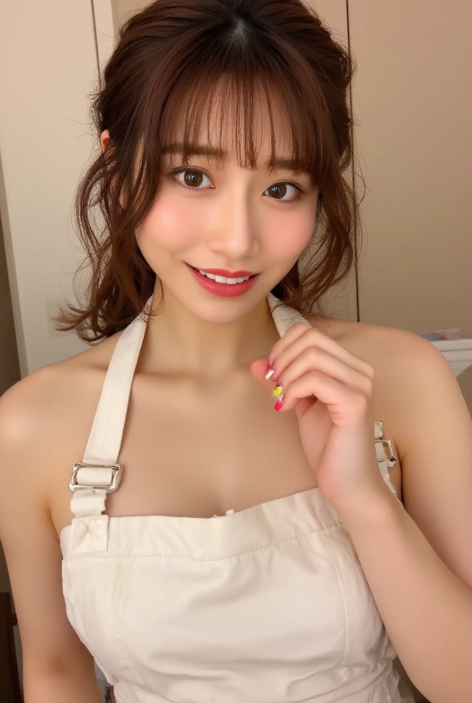 There is a woman posing in front of a painting.., Yoshitomo Nara, Chiho, trending on cgstation, sakimi chan, sakimichan, gorgeous young korean woman, beautiful japanese girl face, Cute girl - well-groomed face, Kurohime cut hair, neat hair with bangs, Shinsui Ito