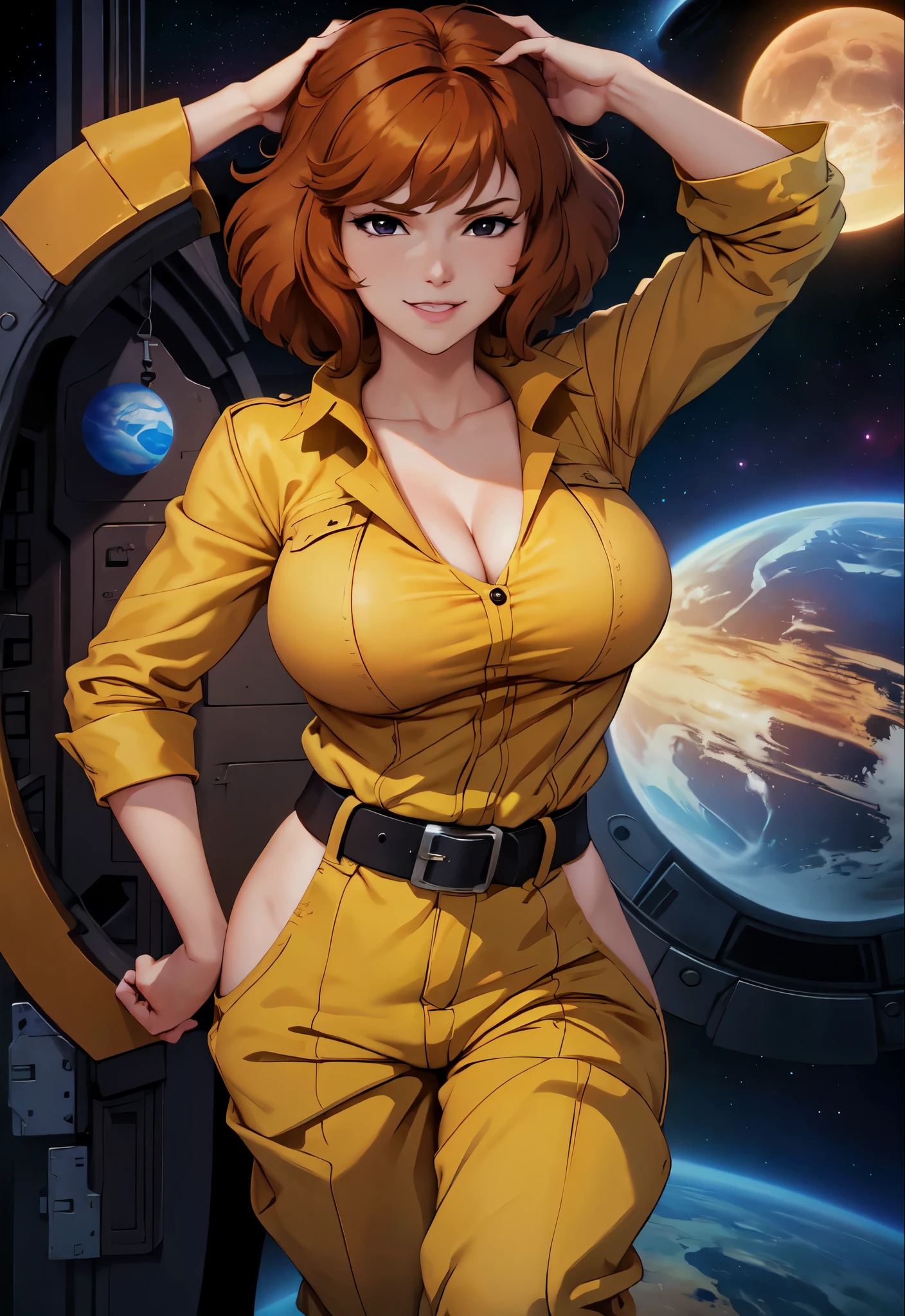 motor irreal:1.4,UHD,La mejor calidad:1.4, fotorrealista:1.4, textura de la piel:1.4, obra maestra:1.8,showing back April O'Neil waifu, 1980s \(estilo\), 1 mujer, brown hair, Pelo rojo,pelo corto,cabello naranja,expresion seria, expresion preocupada, Estilo de arte retro, pelo corto, solamente, mujer reportera television, traje de jersey amarillo, white belt,traje de jersey en las caderas amarillo, (desnudo_senos: 1.2), Medio_senos, escote, ojos hiperrealistas, Hermosos ojos,ojos detallados, cara realista, mujer bella mujer, fondo realista,Inside a cyberpunk sewer tunnel, Amazing lights, amazing background, Reportero de TV