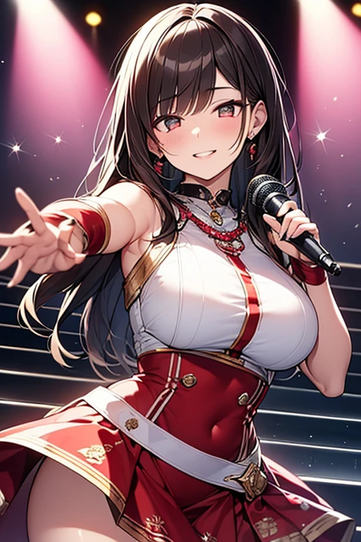 (realistic, realistic: 1.37), (masterpiece, highest quality: 1.2), (超High resolution: 1.2), (RAW photo: 1.2), (sharp focus: 1.3), (face focus: 1.2), (Ultra Detailed CG Unified 8K Wallpaper: 1.2), (beautiful skin: 1.2), (white skin: 1.3), (Hyper sharp focus: 1.5), (Ultra sharp focus: 1.5), ( beautiful cute face: 1.3), (Japanese actress face:1.3), (Super detailedな背景, detail background: 1.3), masterpiece, highest quality, High resolution, Super detailed, Hyper Shlap, white skin, real human skin, (detailed face), oval face, pores, from below, Low - Angle, look down at the viewer, ultra High resolution, (8K, RAW photo, realistic:1.4), break, 1 girl, slim, (large breasted:1.37, cleavage), Illustration of a scene where an idol singer sings enthusiastically on a live stage.

An idol singer stands in the center of the stage.
Idol singers wear miniskirts and boots.
The idol singer has her hair up and is wearing a headset..
An idol singer holds a microphone and sings.
The idol singer&#39;s expression is serious and impressive.
The singer&#39;s voice is strong and beautiful.
Fans gather around the stage.
Fans are singing and dancing with idol singers.
The venue is filled with enthusiasm.
This illustration、Shows the passionate live performance of the idol singer. Fans are fascinated by the voice and performance of the idol singer. The venue is filled with enthusiasm and the idol singer's live performance is a success.