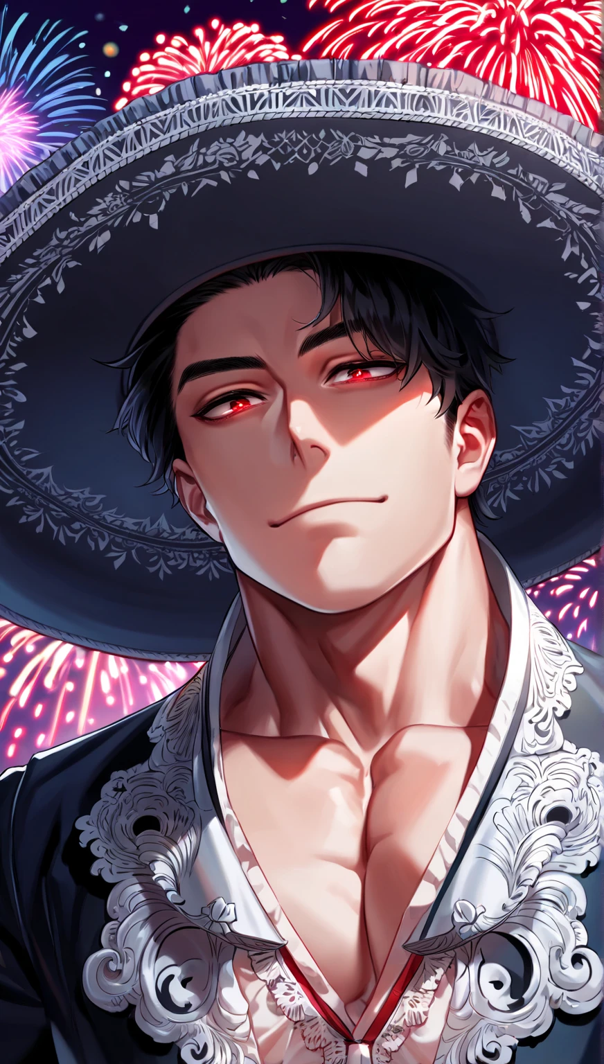 absurdres, highres, ultra detailed, HDR, master piece, best quality, extremely detailed, Dracule Mihawk, black hair, expressive red eyes, One Piece, solo, sexy man, handsome, wide-brimmed black hat decorated with a large plume, open black coat with a red velvet inside, without shirt, red flower-patterned sleeves, close up, cross necklace, solo, sexy man, handsome, close up, cross, red butterflies, petals, magical, red roses, fantasy, red water, starry sky