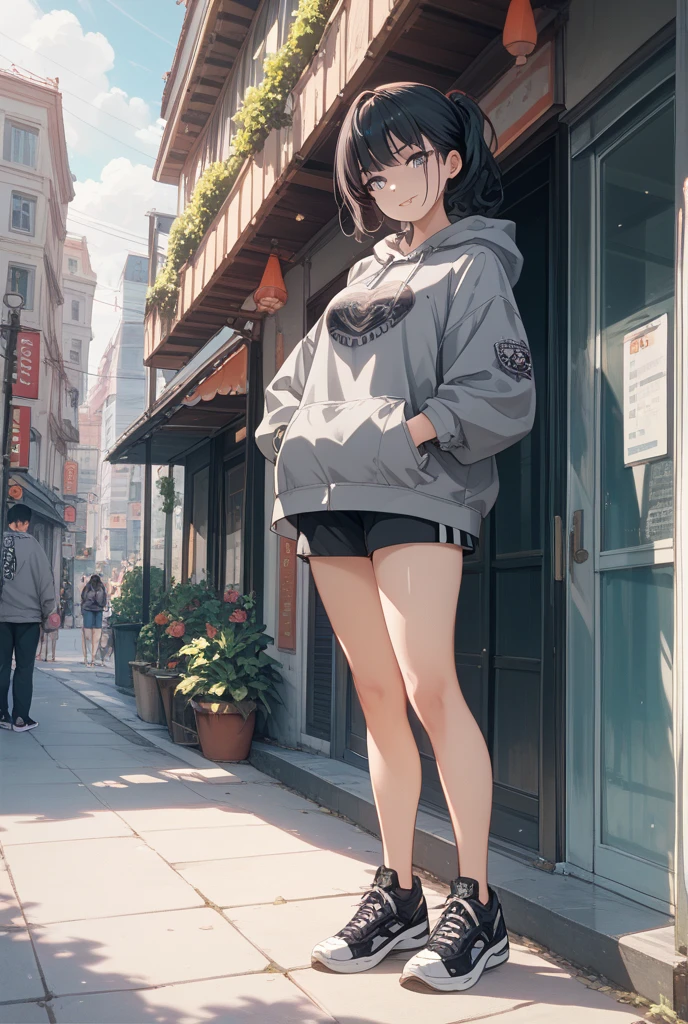 A 6-year-old boy is standing, masterpiece, best quality, Volumetric Lighting, Best Shadows, Shallow Depth of Field, Portrait Of Stunningly, Delicate Beautiful Attractive Face With Alluring orange Eyes, Sharp Eyebrows,Layered Short Brown Twintail Hair, shota, , (navel), Thighs out, thigh focus, from below, Skinny, (baggy gray hoodie), (Oversized gray hoodie), topless, hotpants, short shorts , booty shorts, covered penis, sweat, perspired, disgust, blush, flat chest, No chest, gleaming skin, no socks, Sneakers, street, Crowded intersection, middle of the road,