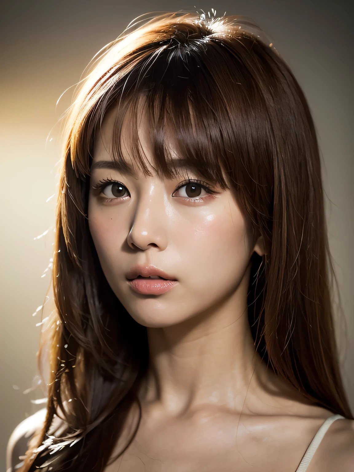beautiful young Japanese woman, 23 years old, medium red hair, dark skin tone and black eyes, celebrity
