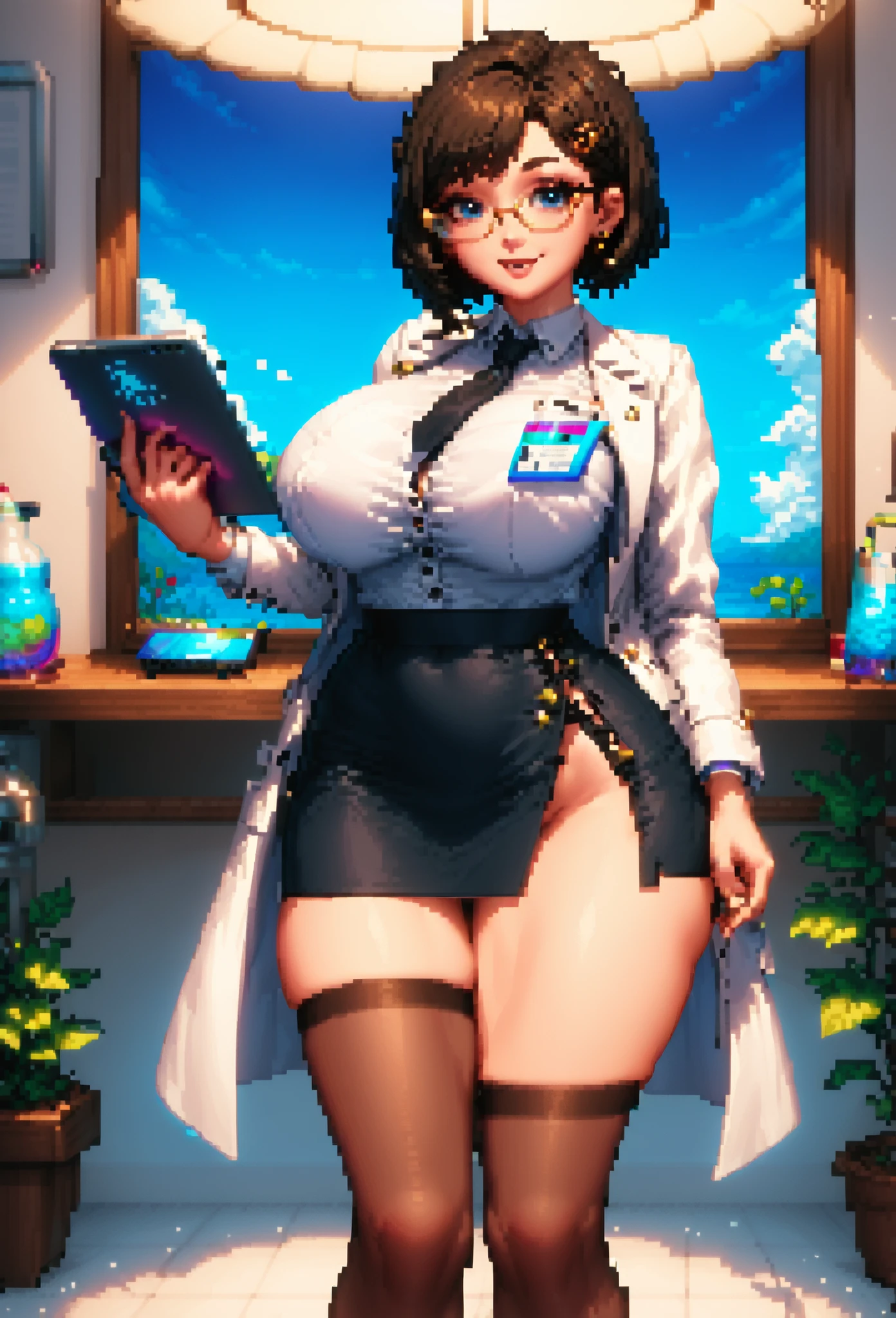 pixel art of a girl with a beautiful mature face,huge breasts,Slim waist, wide , huge butt,blue eyes, wearing glasses,(short black bob hair),(white lab coat),(white collared shirt),(black short tie on her neck),(black  skirt with a side slit),(black pantyhose),(black high heels),(holding a tablet-like device on her right hand),(looking at the viewer with a submissive smile on her face), in a science lab, sprite, 2 d sprite, sprite 2 d, #pixelart, # pixelart, short black bob hair girl in a white lab coat, white collared shirt,and black skirt with a side slide, pixelart, high quality pixel art, pixel art animation.