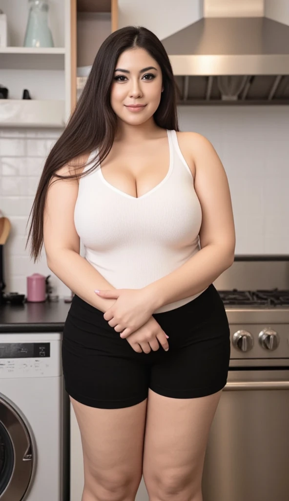 Chubby girl, cabelo preto, olhos castanhos, com roupa de cozinheira ,With wooden spoon in hand