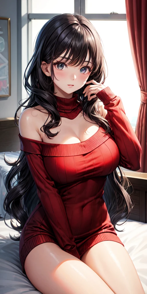 masterpiece,8k,top quality,1 girl,full body :1.5,real taste phtografy,slim west & proportion,sadiscated smile,lustful sad expressions,red tieek,large brest,clean blue eyes,open mouth,many wet skin,wavy long hair with red ribbon,see-through many wet off-sholder pink belted mini dress,elegant room,
