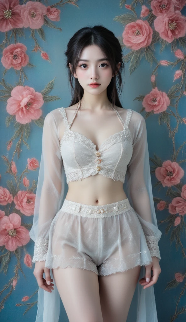 (best quality color photo of a mysterious beautiful woman in luxury lingerie on a fashion magazine cover, haute couture fashion shoot:1.2),(An extremely delicate and beautiful work:1.2), elegant pose, glamorous fashion pose, (the divine light) simple background, art nouveau, focus on art nouveau suit, luxury fashion,(she is the embodiment of beauty and allure, asian beauty, asian actress), (very delicate lace lingerie, sexy lingerie, elegant and sophisticated fashion, her flowing hair cascades gracefully, perfectly complemented by tasteful and elegant makeup:1.2), black hair, detailed face, looking at viewer, detailed eyes, black eyes, lustrous lips ,cleavage, (large breasts, nipple ,camel toe:1.1), skinny physique, beautiful figure, Perfect female body, (large breasts), Gentle and enigmatic expression, High color saturation, surrealism , (best quality, masterpiece, ultra detailed, ultra high res, photorealistic, raw photo, absurdres, absolutely resolution:1.4),