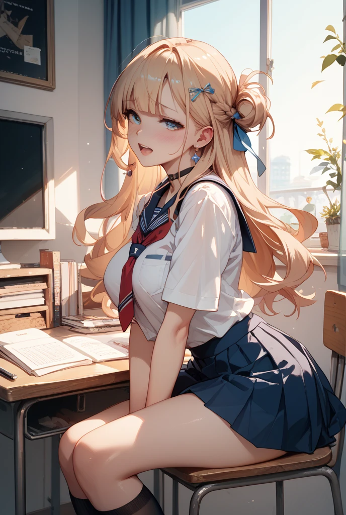 beautiful girl, perfect small face, big breasts, slender, twin tails, polo shirt, short pants, Background with toast on the desk