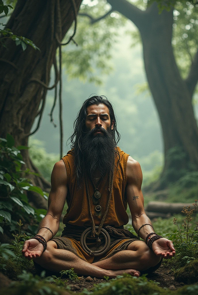 a large muscular with good muscle definition and six pack 55 year old man with long hair like saint  hindu meditating under a tree in a dark forest, front side wide angle shot, extremely detailed, hyper realistic, cinematic lighting, dramatic shadows, cinematic composition, moody atmosphere