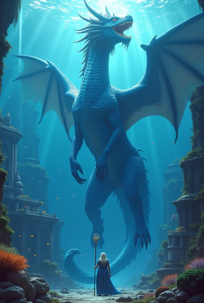 "Create a highly detailed and dynamic scene featuring the Dragon King from 'Journey to the West.' The Dragon King should be depicted as a majestic, serpentine creature with shimmering, iridescent scales in shades of emerald green, sapphire blue, and gold. His body should be long and sinuous, coiled elegantly around a towering, ancient underwater palace adorned with coral and pearls. The palace should have ornate, traditional Chinese architectural elements, with intricate carvings and gold accents. The Dragon King’s eyes should glow with a fierce, otherworldly intelligence, and his whiskers should flow gracefully in the water. Surround him with a vibrant aquatic environment, including schools of fish, colorful coral reefs, and beams of sunlight piercing through the water, creating a mystical and serene atmosphere."