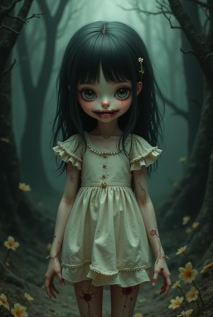 Vampire girl with chocolate brown eyes and long dark brown hair and she doesn't have bangs. She's slightly eerie and against the backdrop of the dark forest. Small eyes and small heart-shaped lips. The girl is covered in blood. It&#39;s in the style of goth and tim bertchen.ukiyo-e, 