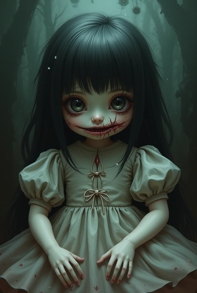 Dark fantasy, a child with a mouth ripped to the ears, big fangs, girls, horror, abominable atmosphere, curse, black magic, evil spirits --auto --s2