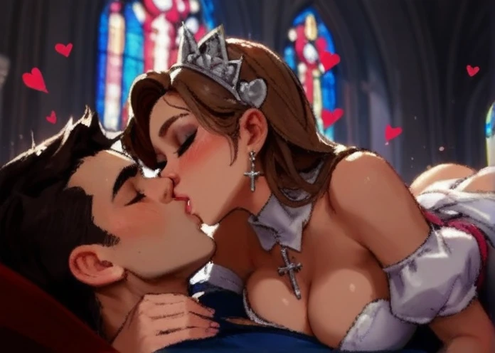 Embarrassed blushing naked Cinderella lies on soft tits on bed in front of man, Sex, gasped, sticks out tongue, handsome naked man stands behind her and fucks her, In the palace, orgasm, Detailed faces
