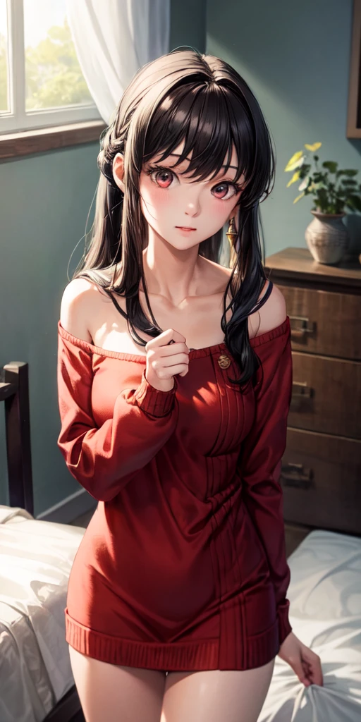 (masterpiece, Highest quality:1.3), (Super detailed:1.4),(Super detailed顔:1.2),(Super detailed目:1.2), (hyperRealistic:1.3), (RAW Photos:1.2), High-definition RAW color photos, Professional photos, (PhotoRealistic:1.4), (Realistic:1.4),8k,Professional Lighting, Perfect Anatomy, BREAK,(Big Breasts:1.6),(blush:1.2),(Bright smile:1.3),Yolfoger, High detail, Sharp focus, dramatic,dutch angle,Björf,Black Hair,Long hair short hair,White hair band,Kamimei,Leaning forward,Bring your face closer,Red eyes,Gold earrings,jewelry,Off the shoulder,(Red sweater:1.3),Sweater dress,Long sleeve,Black Pantyhose,Luxury bedroom