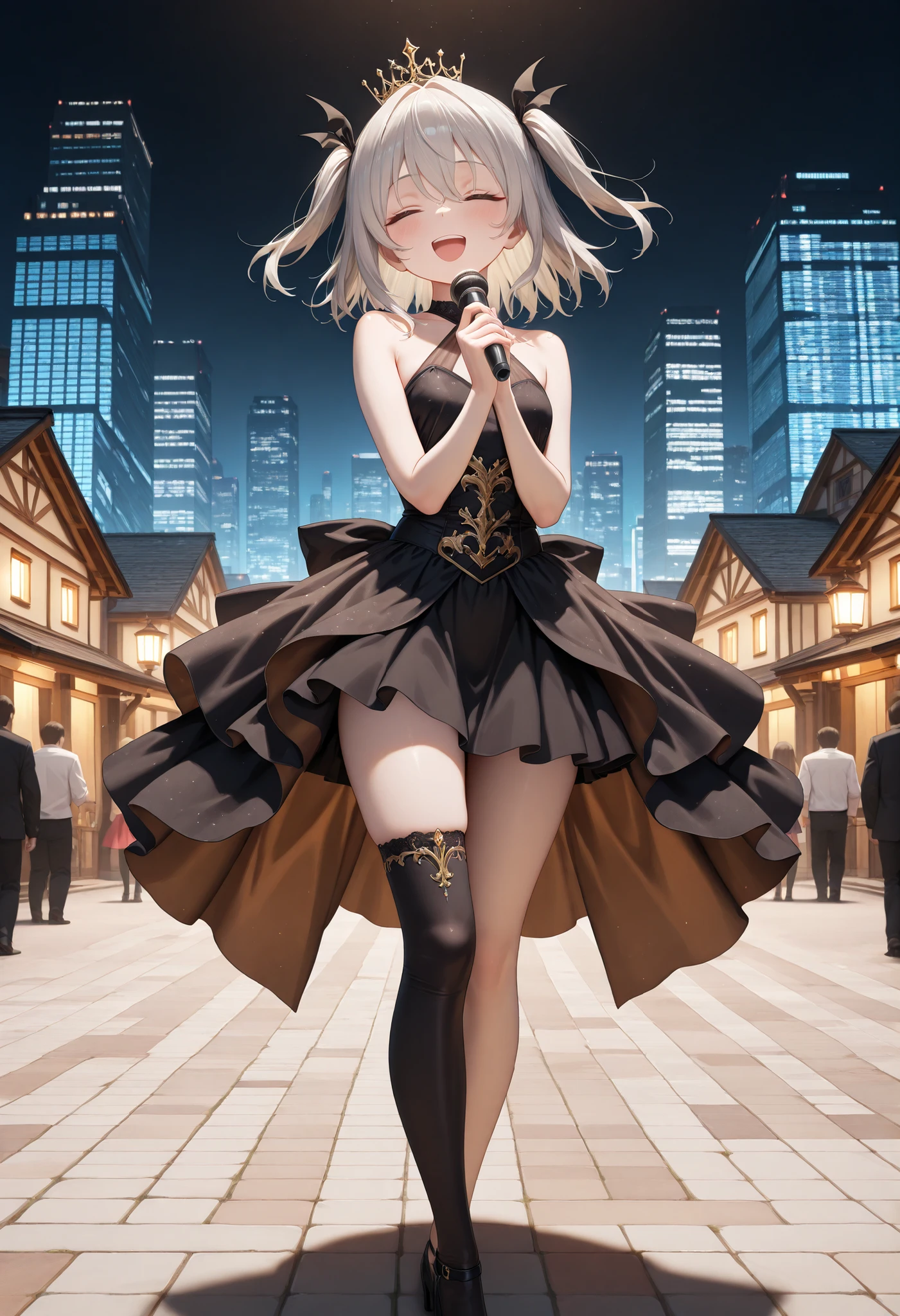 nsfw,(Highest Quality,Great Quality,very aesthetic,Absard Dress,newest,4K,8k), Shinomiya Magic, medium hair, Silver Hair,two side up, villages with, princess costume, black skirt, asymmetrical knee-highs, Singing , in light brown,(smile:1.2), outside, City Buildings, skyscraper, note, A line of score stretching into the sky