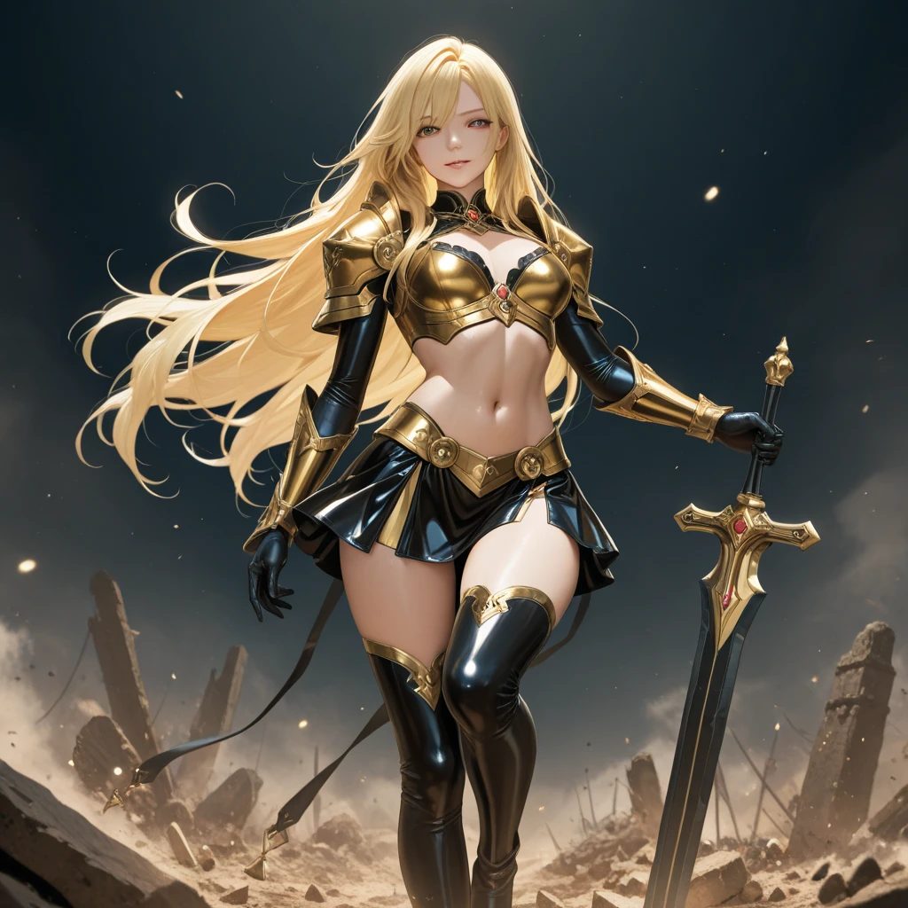 Beauty with green long hair ,Golden forehead protector,Japanese lightning totem black armor,cleavage,,iron boots,spear,Standing,dark clouds thunder and lightning