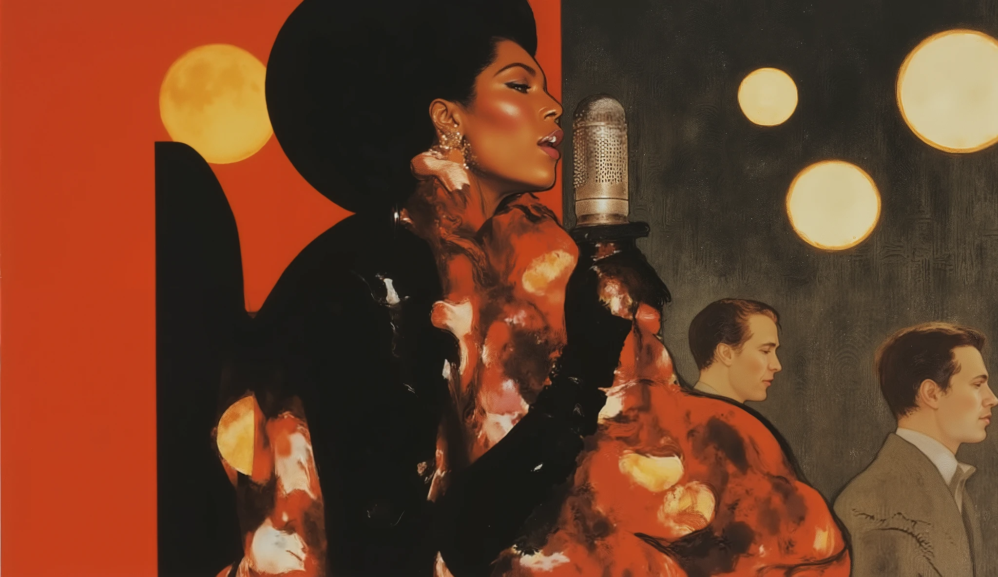 a black woman singing into an old microphone, René Gruau-style, Chic dress, behinde her there are a man on piano, and diffuse lights. Background dark in neutral tones , poster art, illustration. color palette: red ruby, Preto rico, Bigfoot Feet, cinnabar, Deep Coffee
