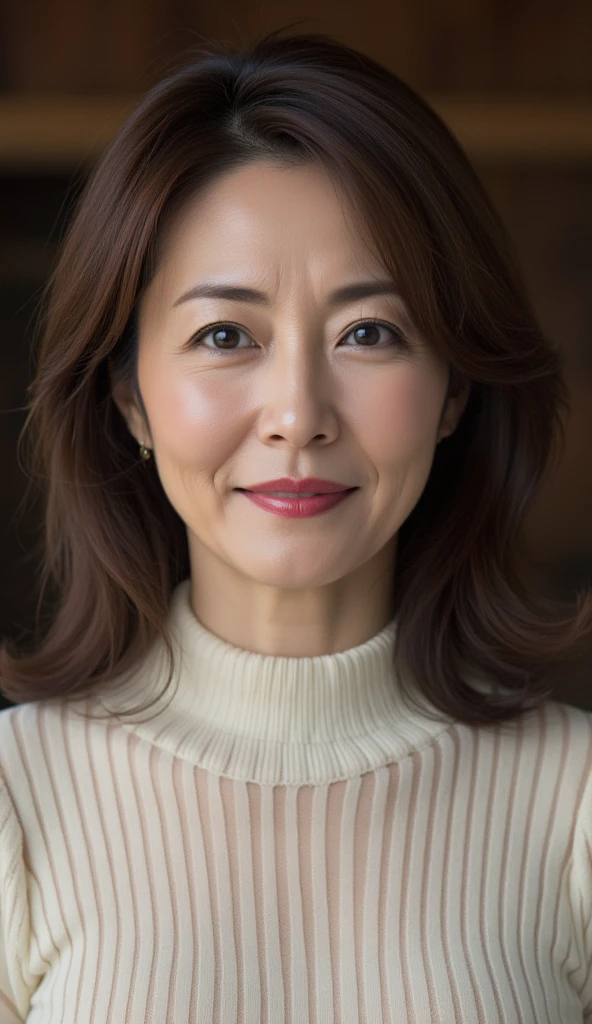 masutepiece,Best Quality, (Mature woman alone), ((Portrait:1.5)), ((Look down, Looking at the viewer)), makeup, (((Tunic sweater))),skirt by the, Wavy Hair, ((Seduction expression, Smile:0.3)),