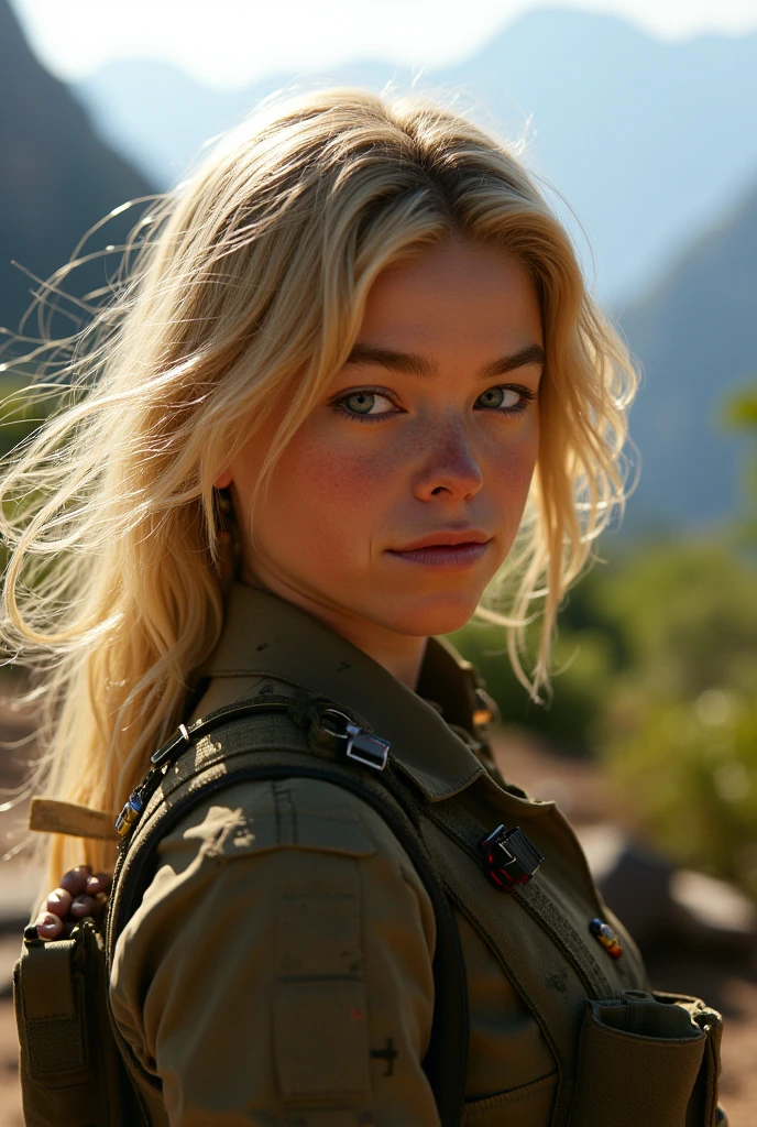 Foto hiperrealista en primer plano de 20 years old Maria Bello,, masterpiece, best quality, (photorealistic:1.4), full body, new green army uniform, Depict a rural landscape in the rugged style of the game's concept art. This work should evoke a sense of abandonment and despair in a futuristic, post-apocalyptic world. Notice the intricacies of detail, the sharp focus. cinematic light, beautiful woman, skinny, small breasts, straight blond hair, detailed face, photo taken from a distance, she holds a Glock 17 pistol in her hand