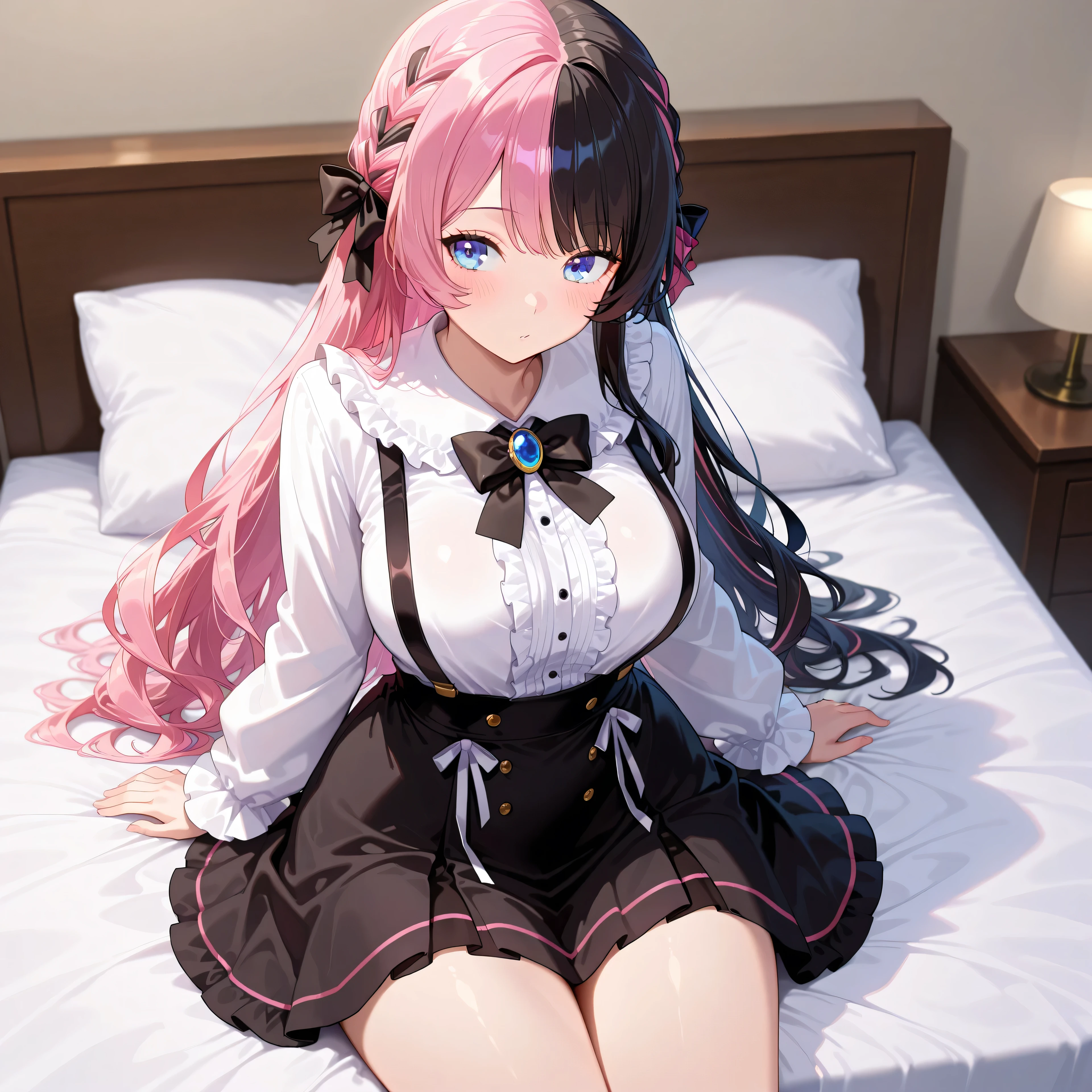 best quality, masterpiece, Super detailed,High resolution,Extremely detailed CG, ,Hinan0Def, blue eyes, multicolored hair, pink hair, black hair, long hair, french braid, hair bow, black bowtie, brooch, frilled shirt, white shirt, long sleeves, black skirt, suspender skirt