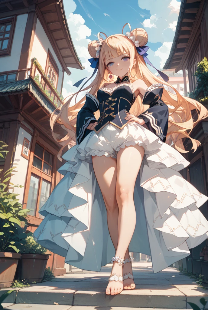 Head to Toe,whole body,Overall image, ,A young woman with long light blonde hair standing upright and facing forward。、I'm wearing a hat。, Girl with her hands behind her back, alone, Dragon Red Eyes, smile, Grassland background, blush,  bangs, look forward to,Wearing lace-up shoes,Wearing gloves,The tail is slightly visible