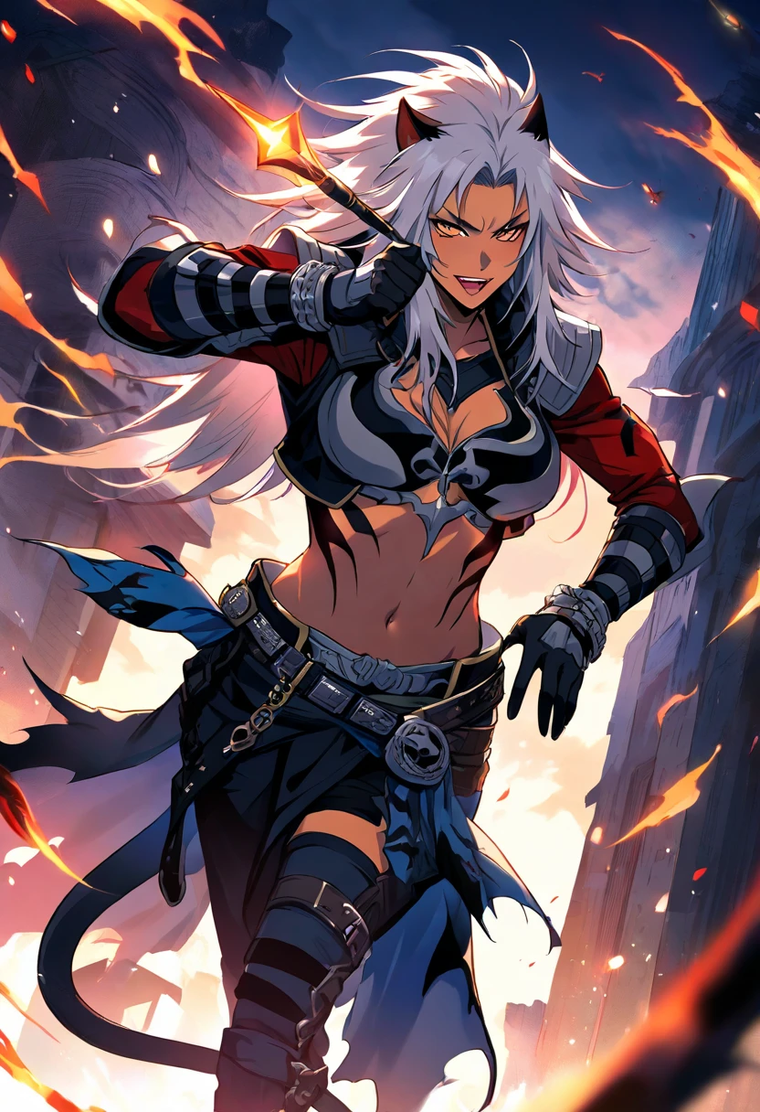 Uma guerreira mulher de 35 anos musculosa quase nua no estilo Simon Bisley para a capa da revista Heavy Metal, cabelo metade preto metade branco, Minimum clothing, Roupas curtas,