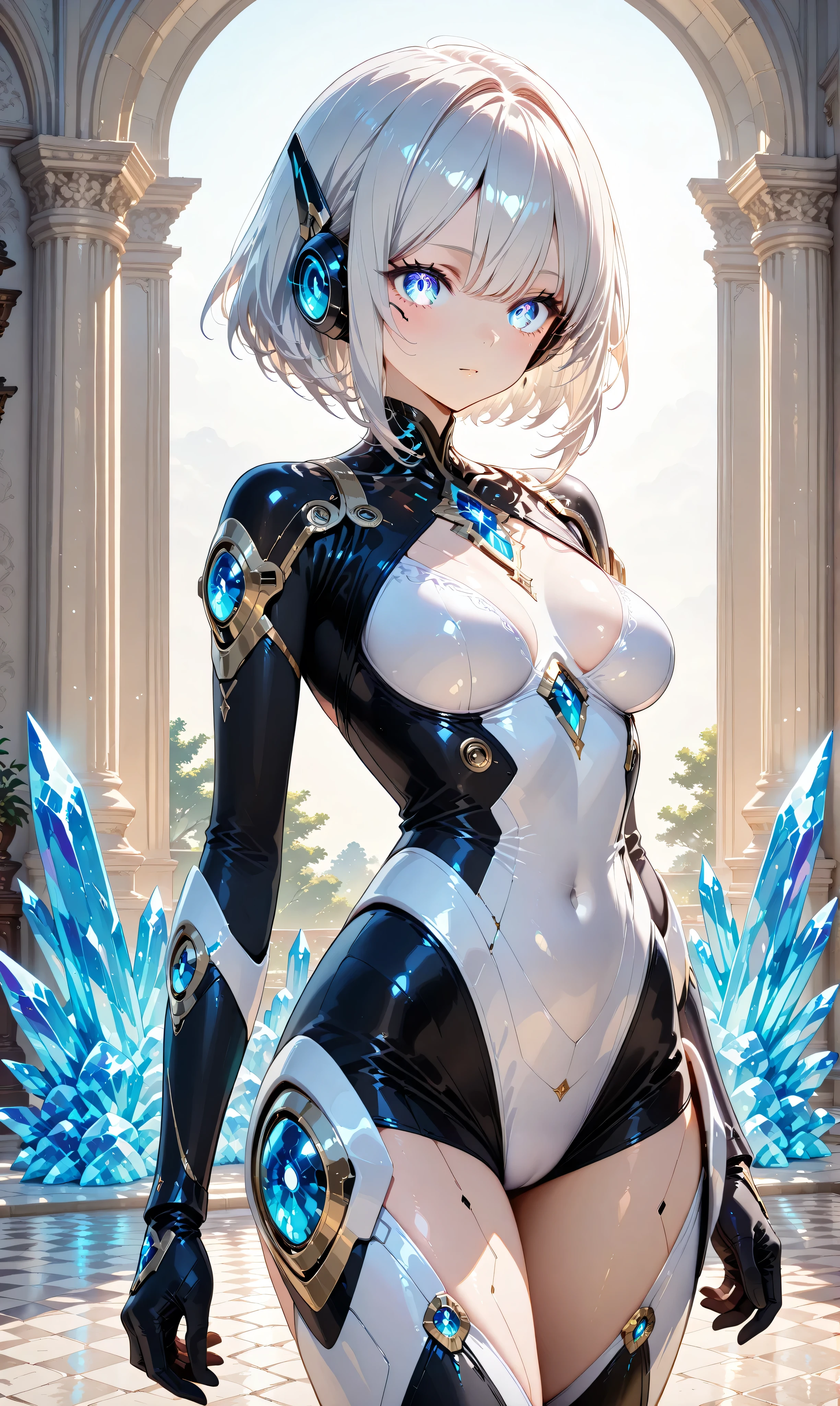 top-quality、Full limbs、complete fingers、Slender beauty、a 25yo woman、Short Bob、silber hair、(((light gray high neck leotard:1.5)))、(Black pantyhose)、A big smile、((caves:1.5))、Dancing