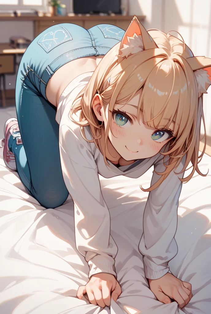 1girl lying on stomach looking back from behind looking at viewer, shirt, short shorts, cat ears, smile