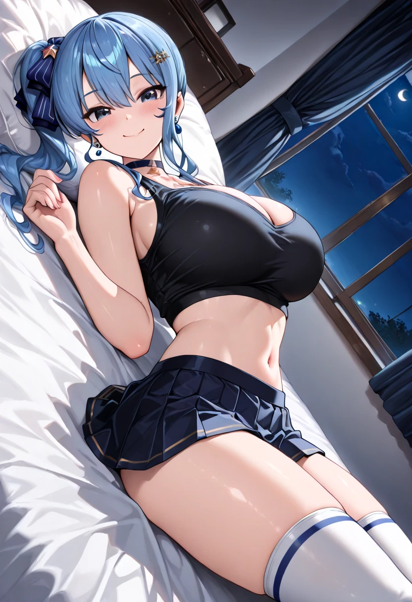 最high quality、best image quality、masterpiece、Curvy but slender body、perfect eyes, perfect face,exact number of fingers、Exact number of legs、Exact number of armature Woman((Bust 105,beautiful blue eyes、1 girl、Milking(self)、expose one's chest、produce breast milk、beautiful nipples、beautiful big breasts(erect nipples:1)、sexy look、big breasts, 、high socks、Light blue and short hair(Inward-curling hair)、Slender、big cleavage、Dark blue garter belt、navy short skirt、Show the whole body、black wristband on wrist、star-shaped hair ornament、red face、Slippery texture))high quality、beautiful art、With background((Bed)))table top、visual art、Depth of the bounds written、One earring in each ear、lying down