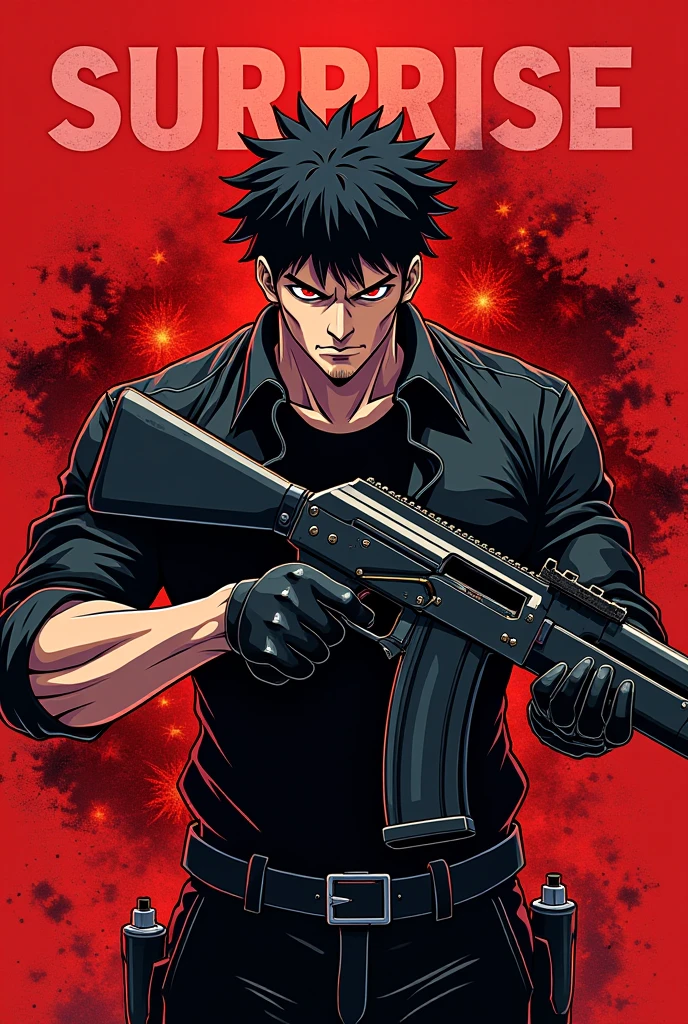 in the center man without a shirt ,with ripped denim shorts with blue eyes a spiral on them holding an ak47 and next to him a red-haired woman with a bandage on her cheek wearing a camouflage tank top and black pants holding a bazooka, a bass with glasses and short blue hair holding a sniper rifle with a white tank top and short shorts, and a black man holding a bayonet(all in anime style)