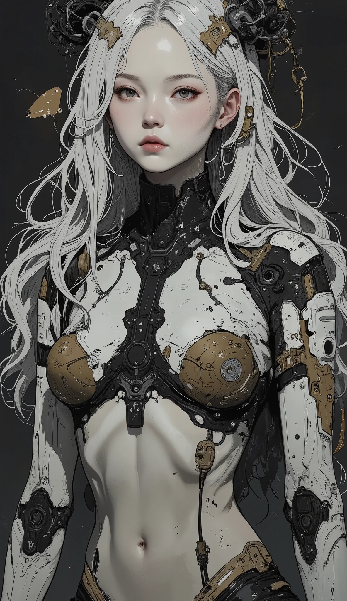 (full body, Wide shot, anatomically correct:1.5), A painting of a woman with her head full of wires., elaborate digital art, intricate transhumanism without nudity, Intricate digital artwork, Cyborg - Girl, Intricate digital art, Chica cyborg, Woman cyborg, Detailed portrait of a cyborg, futuristic art, Intricate digital art, intricate cyborg, Intricate digital painting, A picture of a beautiful cyborg., Cyborg - Girl with silver hair