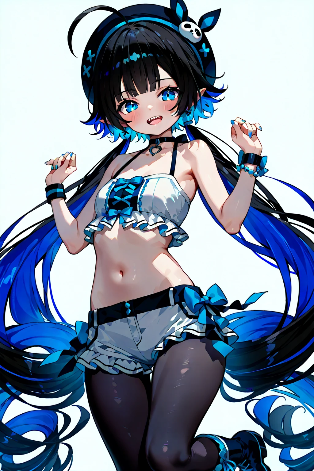 (highest quality, masterpiece, High resolution)、(Anime Art 4k)、Cinematic Light、Soft Light、(One girl、18 years old)、(whole body)、(Hands on hips)、Black Hair、(Swimwear)、(Colorful Bikinis)、(Colorful design)、Cute and sexy、Cat ear、Bobcut、semi-long、Hair Bun、hair ornaments、choker、Captivating smile、Small breasts、(Cat Pose、Beckoning)、(play)、Cat jarashi、((White Background))、((Blank background))、