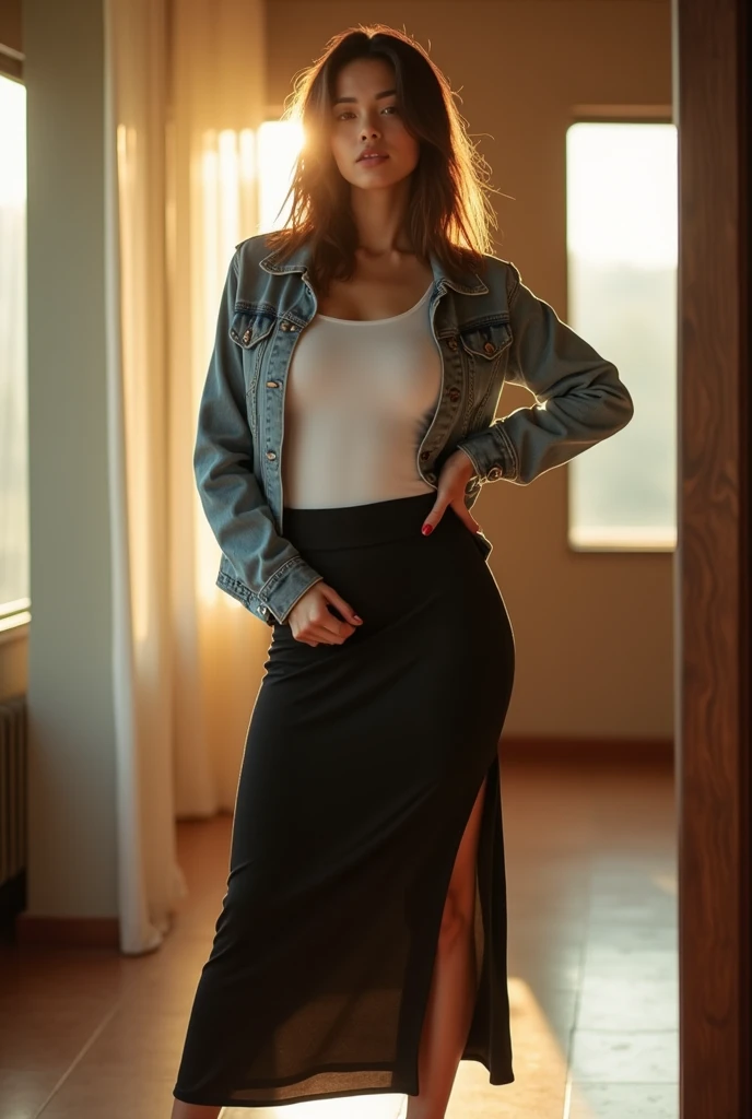 ultrarealistic high quality full body photo of a beautiful busty slim european 18-year-old woman with a shy face and natural dark brown ultra long straight hair, Surrounding her is a chaotic scene of unconscious young men, dressed in jeans and various color t-shirts, sprawled randomly across the floor in the background , she wears a satin skirt and a satin blouse, hourglass body with round ass, standing in a long hallway with many doors.