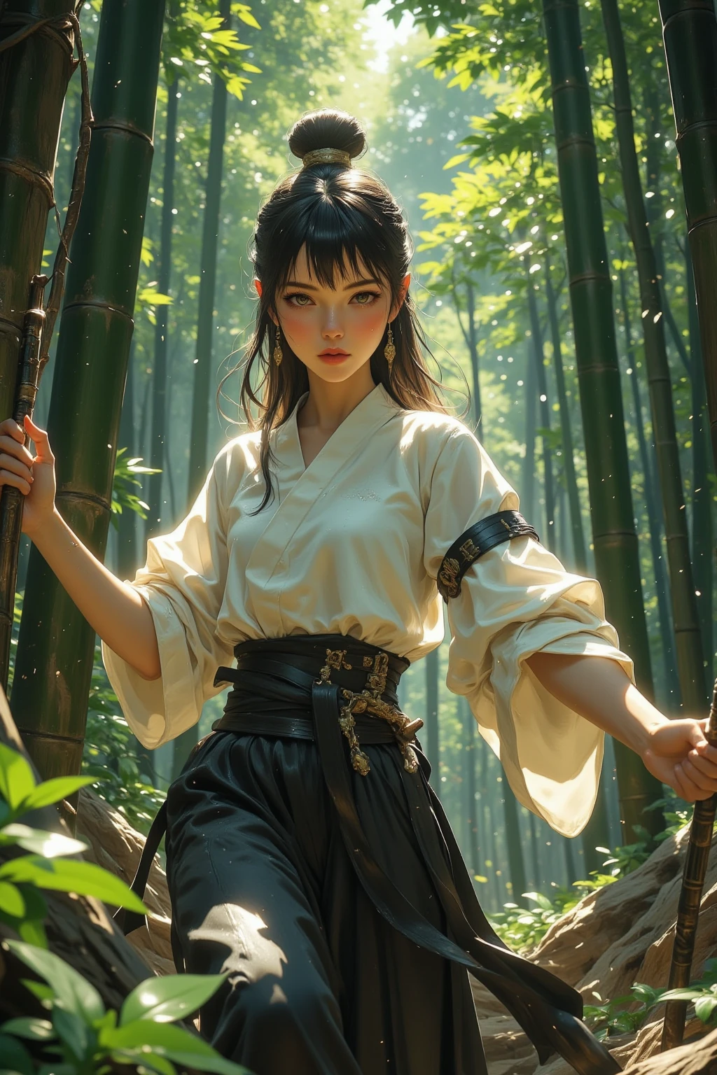 In the tranquil bamboo forest,A young female martial artist practicing with precise movements,Mastering ancient defensive tactics,Lightning-fast strikes,Smooth movements,A breath of tranquility,Concentrated focus,Disciplined skills,Capturing the essence of martial arts。