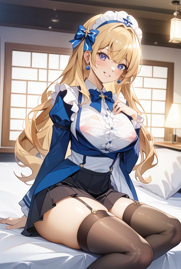 ((Best Quality)), ((Masterpiece)), (detailed), 1 girl, Pastel yellow hair, wide, hair covers one eye, purple eyes, tight, big breasts, big thighs, expression smiling shy, at home, duchansose, unclothed, holding her breasts