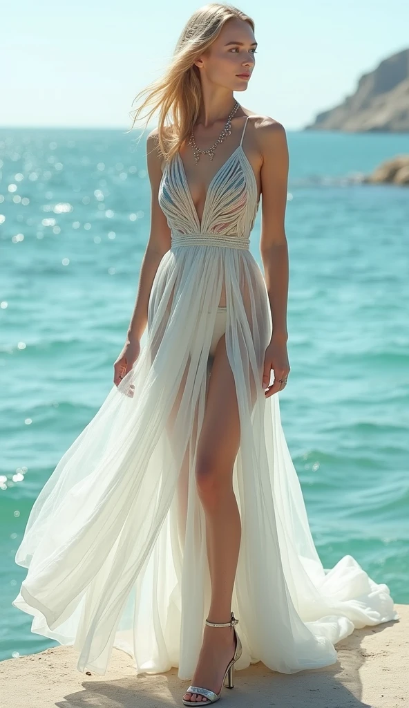 Photo of a stunning 19-year-old model with a Turkish appearance, showcasing epic realism. Her clear hazel eyes captivate the viewer as she stands on a beautiful sea beach. Draped in a flowing silk transparent dress, every intricate detail of the fabric is captured in high quality (HQ), making the image come alive in breathtaking 4K resolution. The photo-realistic depiction of the model's features, from her delicately shaped eyebrows to her radiant smile, adds to the overall realism of the composition. Shot with meticulous attention to detail, this masterpiece of photography transports the viewer to the beach, making them feel as if they were there in person. The image is so lifelike, it's as if one could feel the sea breeze and