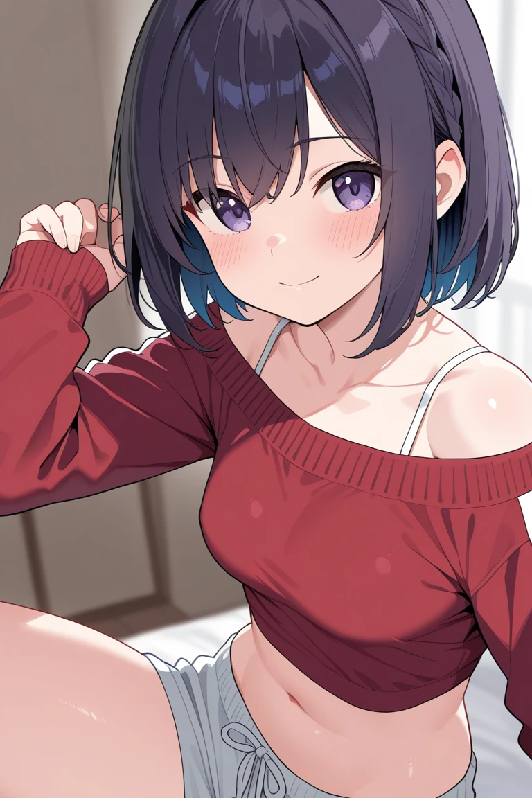 (8K、Highest quality、highest quality、masterpiece)、Detailed face、One girl、Black Hair、Bobcut、Wavy Hair、Grey Eyes、evil smile、((Grin))、Small breasts、((White T-shirt))、((covered erect nipples))、((black sports short shorts))、barefoot、wariza、On the bed