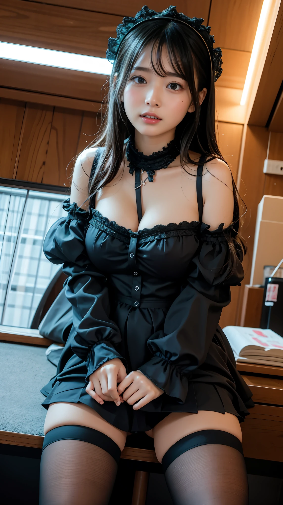 master piece, best quality, illustration, Super detailed, fine details, High resolution, 8K,wall paper, perfect dynamic composition,(Details High quality, realistic depiction of eyes:1.3), (Fashionable, a belt black suspenders, Aside Cutter Shirt, a miniskirt, garterbelts), short bob hair, large breasts, black hair color, Big Natural Color Lip, (perfect body shape), crying a little、Harajuku style、20 year old girl、beautiful legs, hotel room, Gravure Idol, Voluptuous thighs, (woman on top, straddling, sitting)