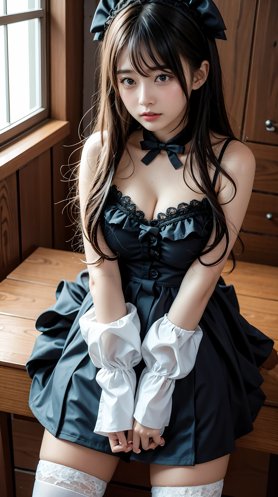 (a closeup:1.4)、(RAW shooting:1.2)、(Photorealsitic:1.4)、(masterpiece:1.3)、(top-quality:1.4)、one girls、(Slender and beautiful girl)、kawaii、(middlebreasts:1.2)、(cleavage of the breast)、(erectile nipple:1.2)、(FULL BODYSHOT)、in 8K、(masutepiece:1.2)、(bow ribbon、flered skirt、knee high socks:1.3)、Look at viewers、blush、ribbon bondage、(beautifull hands)、(beautiful thigh)、(Twin-tailed:1.2)、(gothic lorita:1.3)、(sexy pose:1.2)、?????????、erotick、Cute、Old castle、