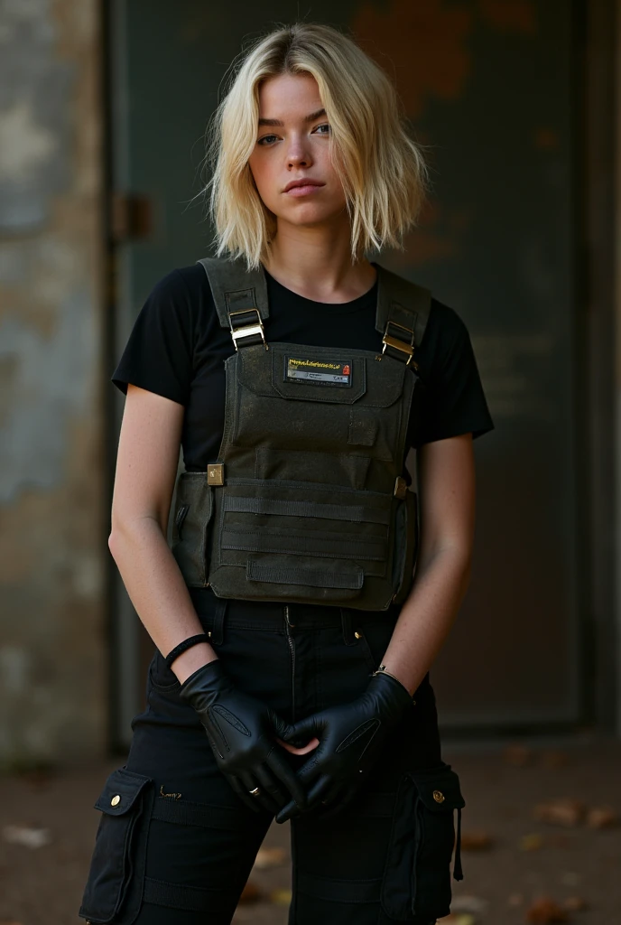 Milly Alcock,blonde hair,black t-shirt,army bulletproof plate carrier vest, black gloves, tom clancy's Ghost Recon Wildlands, modelshoot