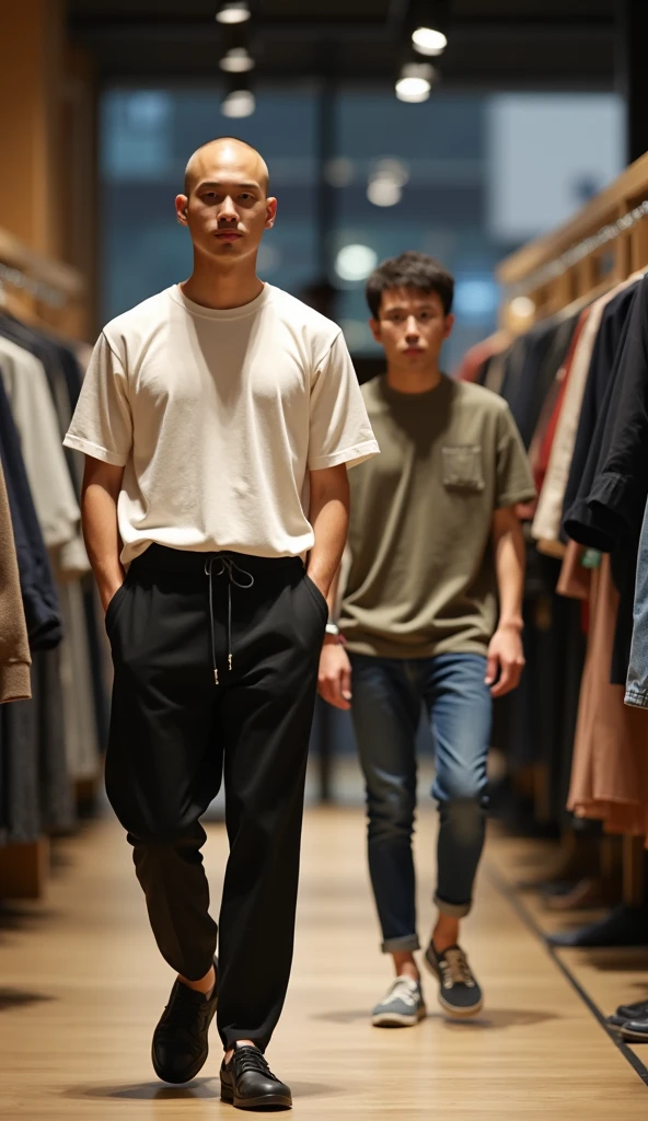 In a cell phone accessories store, a teen Korean man merchant stands full body shot at counter with nude body in brown underwear in a shop full of customers wearing beautiful clothes. 