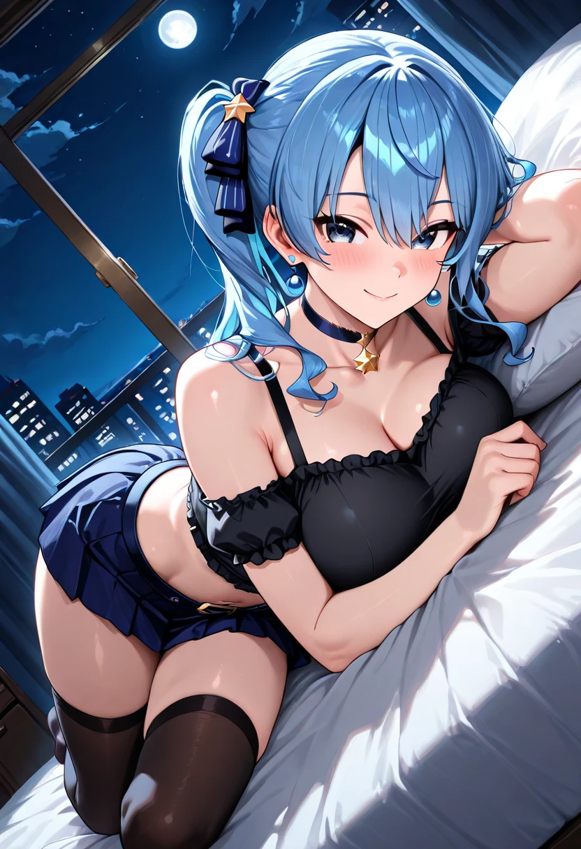 On the night, animated girl on a bed , big windows with moon, the girl have rainbow colors hair's , light ambiance , dentelles, stockings, seductive animated girl, best rated on pixiv, Tendances sur ArtStation pixiv, Anya de la famille Spy X, female character'anime, du jeu vidéo Azur Lane, les gars, (animated girl), style voie d'Azur, lights effects, many colors, HD full details, high quality, different poses
