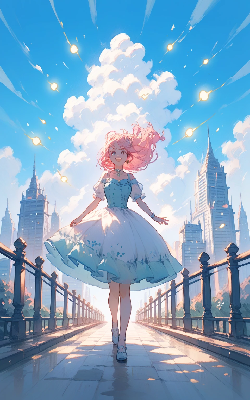 A girl with long light pink hair and blue eyes, smiling, wearing a luxurious dress and sandals, walking across the Golden Gate Bridge in America. The scene captures the iconic structure of the bridge, with the girl gracefully walking along, the red towers and suspension cables towering over the backdrop of a clear blue sky and the sparkling waters of San Francisco Bay.
best quality,masterpiece,natural lighting,super fine illustration,high resolution,(flat chest:1),amazing,kawaii,cute,cutegirl,detailed face,detailed eyes,8k,utra detailed,detailed,