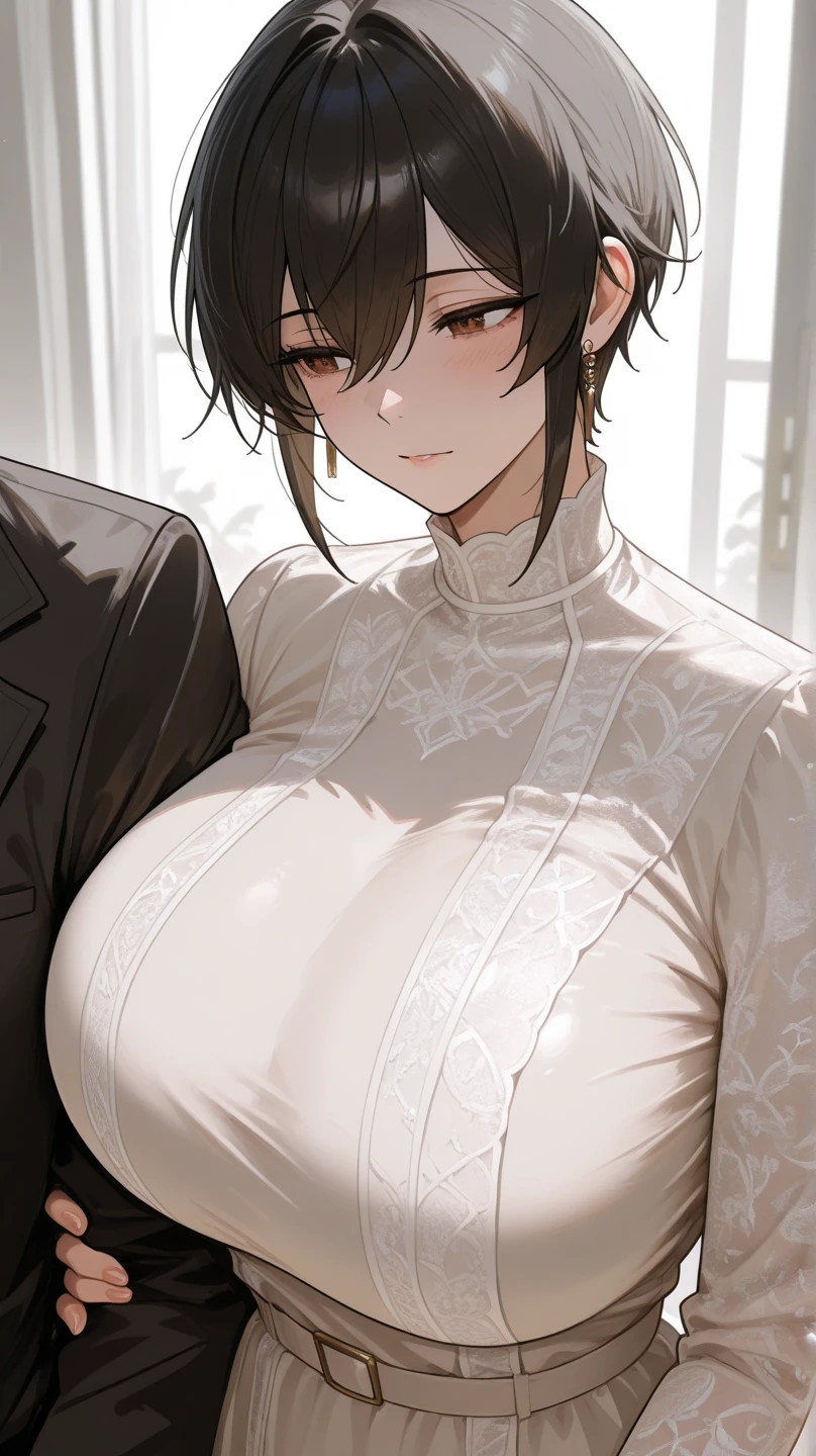 score_9, score_8_up, score_7_up, mature female, kali belladonna, large breast, snowy street, nyong_nyong, from above, from side, standing with both arms across own chest, cold, looking at viewer, nipple outline, cum between breast, heavy blush, heavy breathing