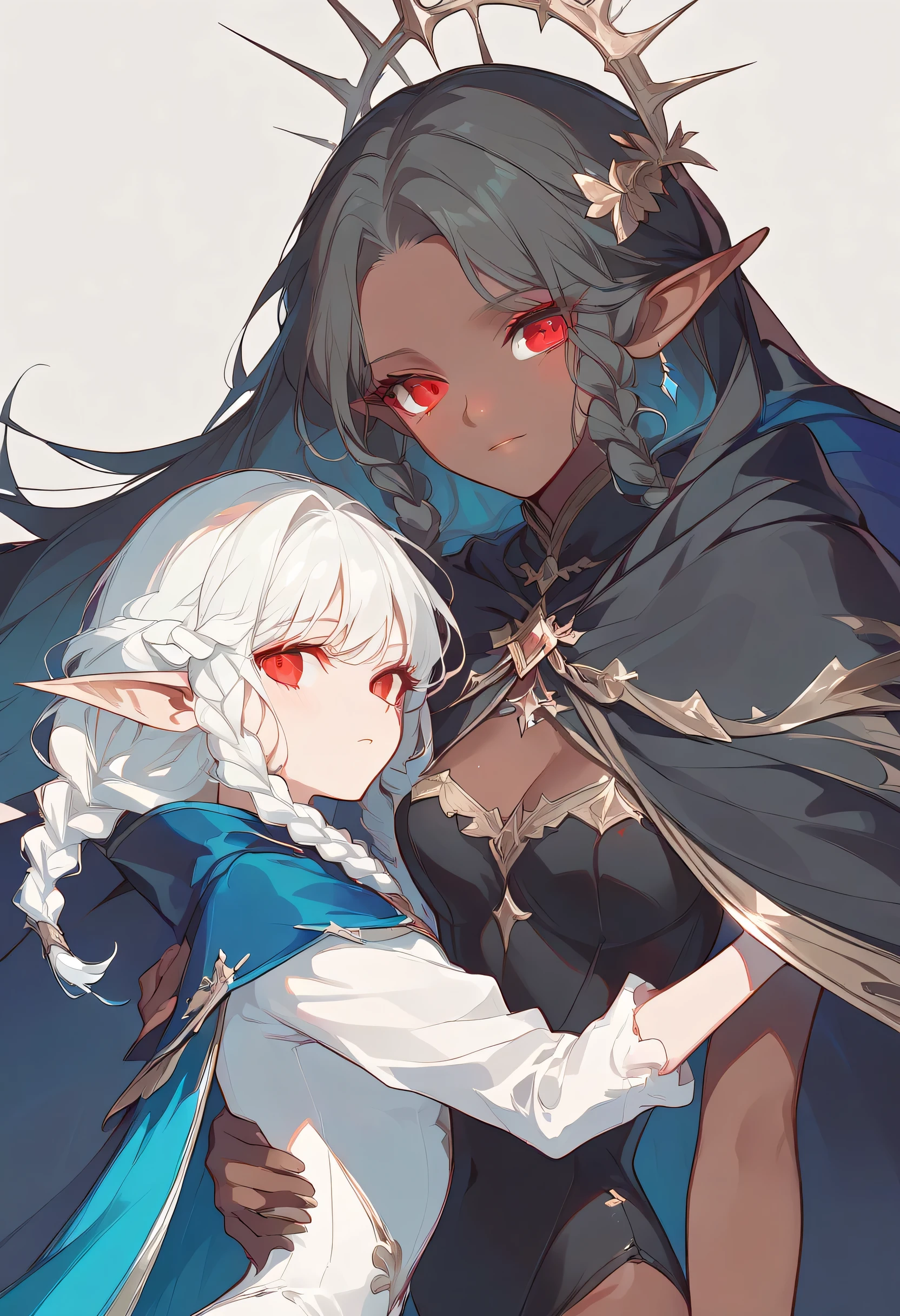 rosalinde, dark skinned female, dark elf, pointy ears, leotard, cape, twin braids,long hair,red eyes,
