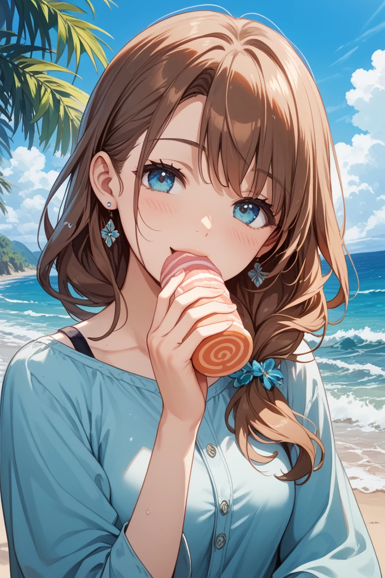 1girl, souryuu asuka langley, neon genesis evangelion, perfect body, white dress, straw hat,break,ice bar on a stick:1.5,holding ice bar inspired penis,,ice bar on the verge of melting,break,ice bar on the tongue,tongue out,ice bar close to mouth, Eagerly licking bar,looking up,break,summer beach,sea shore,cowboy shot,looking at viewer, break,masterpiece, best quality, very aesthetic, absurdres,
