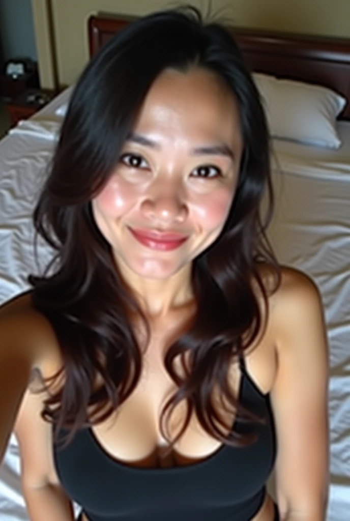 Lucy Liu taking a selfie and naked photo with a smile