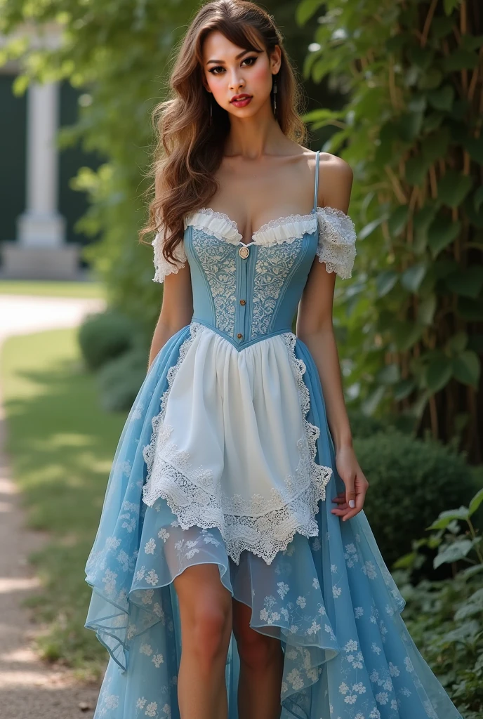 ((high resolution)), ((pale skin)), ((very pale skin)), Millie Bobby Brown, ((huge breasts)), white lace, blue dress, in the style of Anthony van Dyck