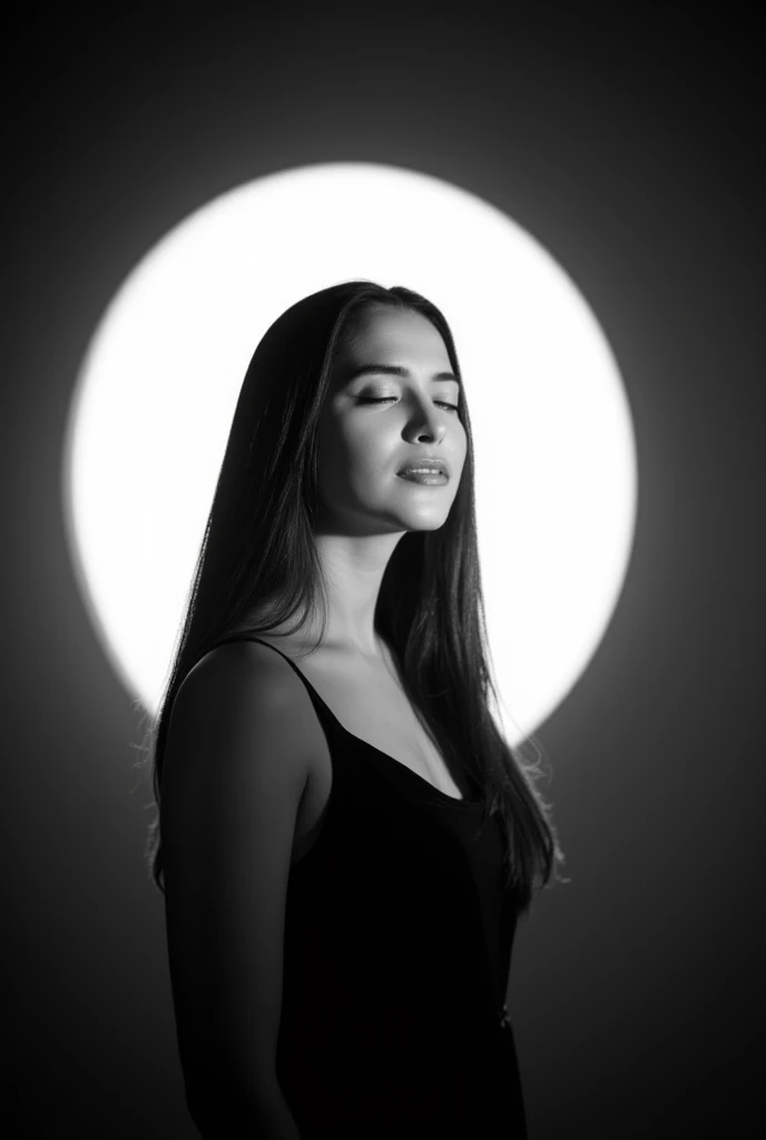 A black and white photo shoot from a profile camera angle about a serene woman with long hair standing in front of a large circular light source. the image also shows a woman in the middle of the frame, who appears to be in her early twenties, with her eyes closed and a calm expression on her face. she has long, straight, dark hair and is wearing a sleeveless black dress. the woman is positioned in the center of the image, facing the viewer with her upper body visible. the lighting is soft and diffused, creating a sense of calmness and serenity. the background is a simple, dark gradient with a large, white circle behind the woman. the overall mood is peaceful and contemplative.